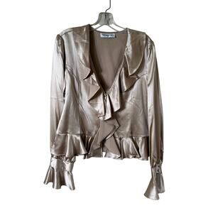 Vintage Satin Ruffle Peplum Blouse SZ L Poet Sleeve Tan V Neck Button Up Romanti